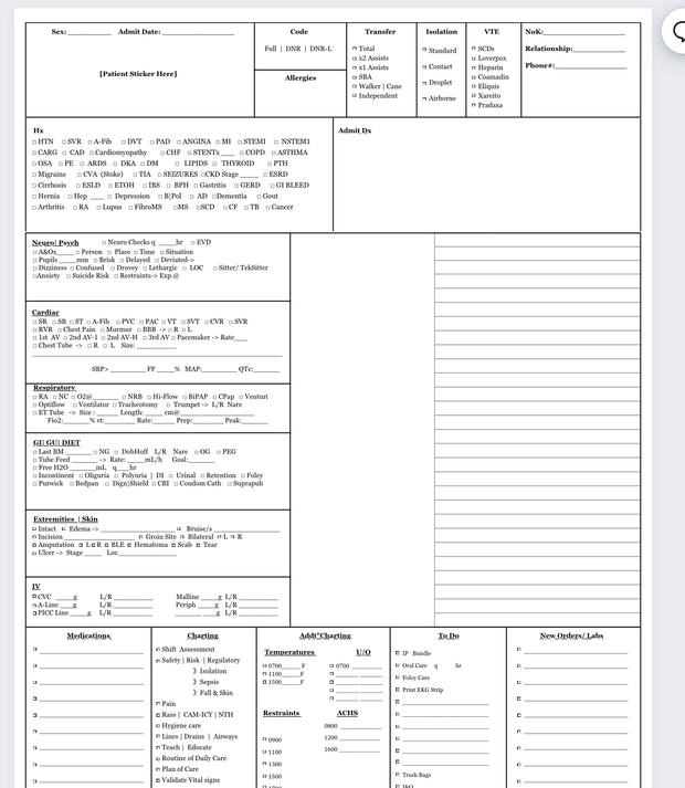 ICU Nurse Report sheets