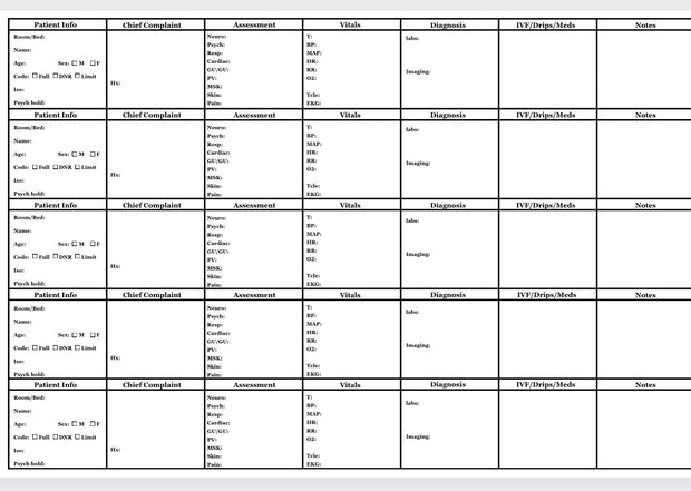 ER Nurse Report sheets